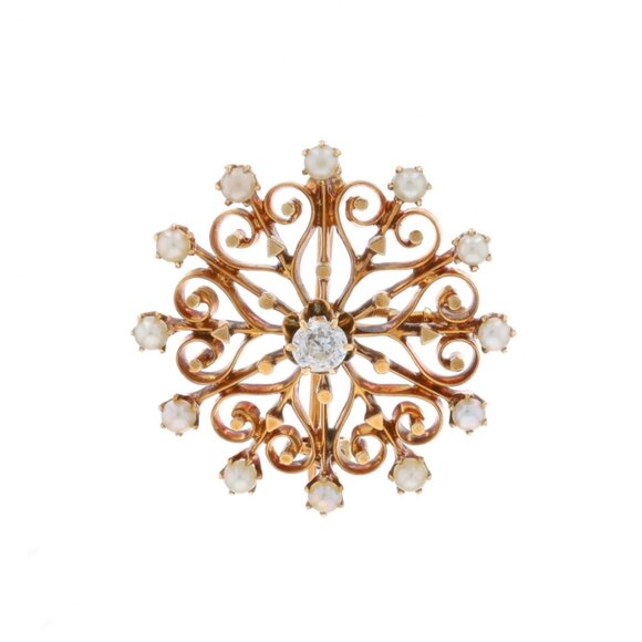 Yellow Gold Diamond Pearl Victorian Medallion Brooch/Pendant -14k Mine .24ct Pin
